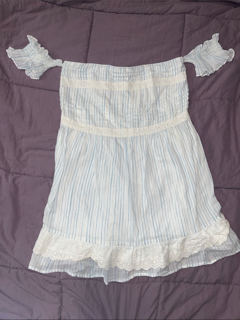 House of Harlow 1960 Light Blue & White Striped Off-Shoulder Dress